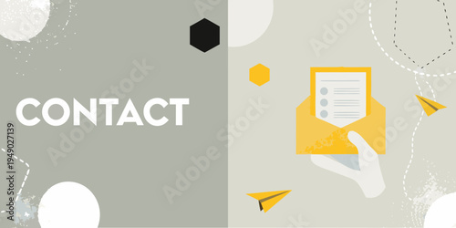 Contact information graphic with envelope hand and paper airplanes