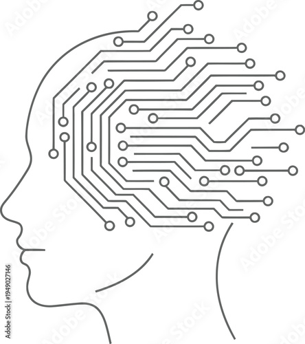 Minimalist outline of a human head silhouette featuring an integrated circuit brain pattern design