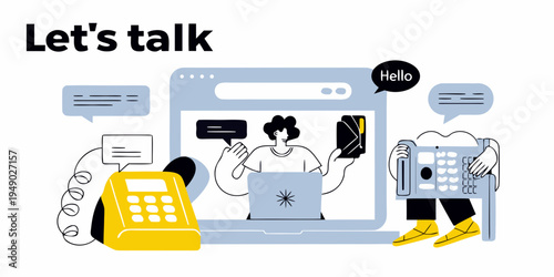 Communication methods illustrated with laptop phone and messaging icons