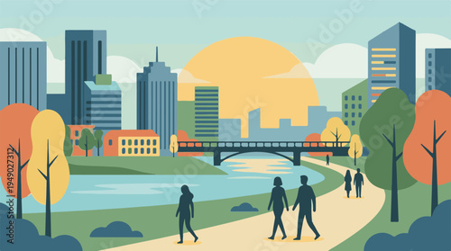 Minimalist illustration of a city park with people walking, river, and skyline