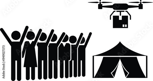 A group of people waving at a delivery drone carrying a package towards a tent for relief aid