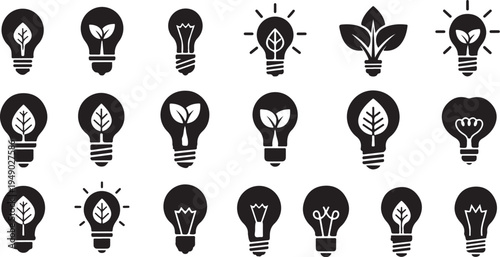 Eco Friendly Light Bulb Icons with Green Leaves Illustration