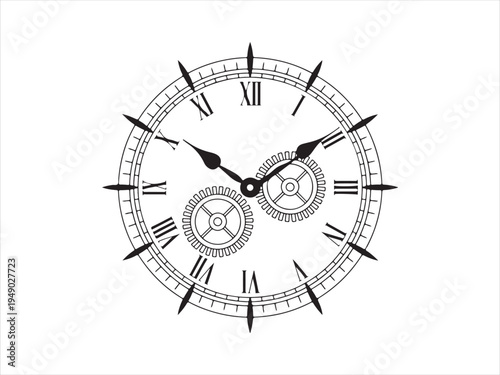 Vintage Clock Mechanism with Gears, Time Concept Line Art Vector Illustration