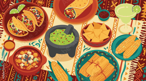 Traditional Mexican Food Spread with Tacos, Guacamole, Burrito, and Margarita