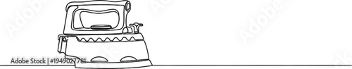 A single continuous line drawing of a household clothes iron isolated on a clean white background