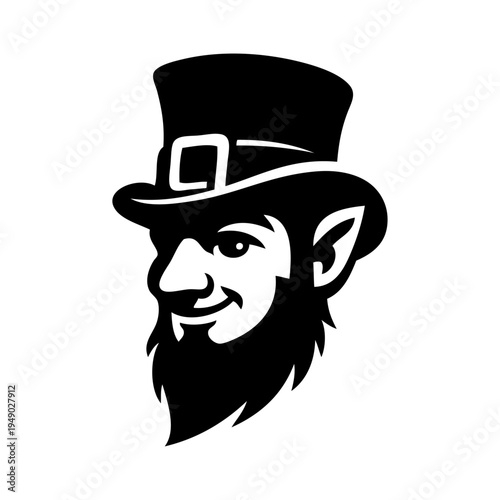 Logo con dibujo de cabeza de leprechaun sonriente con sombrero y barba, para tarjetas y felicitaciones del Día de San Patricio