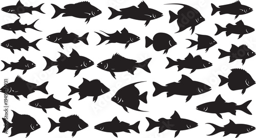 Black fish silhouettes swimming in various directions together