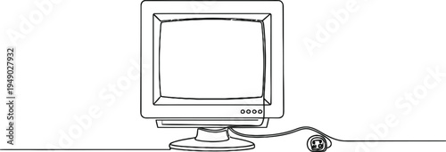 A single continuous line drawing of a vintage computer monitor with a power cord and plug attached