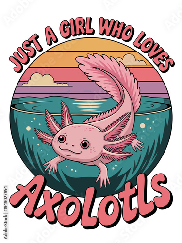 A playful axolotl swims gracefully under a colorful sunset illustration. The background features warm and inviting hues blending together.