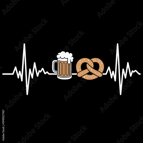 A stylized depiction of a heartbeat line intersects with images of a beer mug and a pretzel.