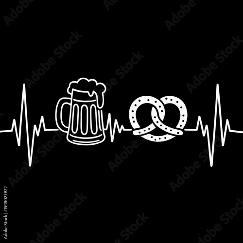 A stylized depiction of a heartbeat line intersects with images of a beer mug and a pretzel.