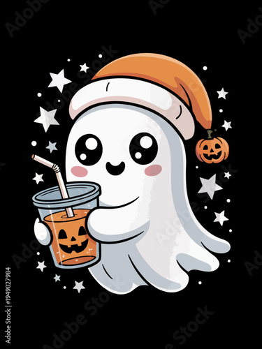 A cheerful cartoon ghost wears an orange cap and holds a cup with a pumpkin design.