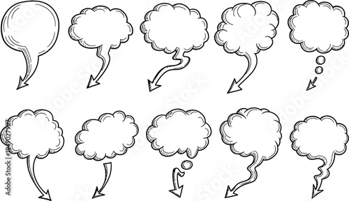 A collection of ten hand-drawn speech bubbles featuring various cloud shapes and pointing arrows