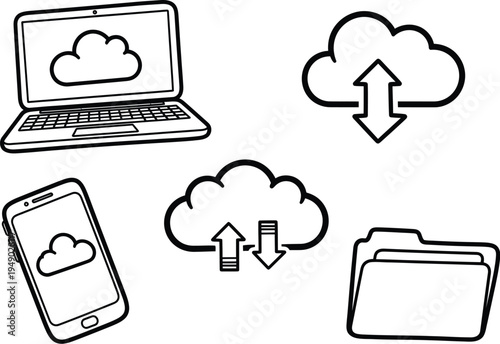 A collection of black and white line art icons representing cloud computing and data storage systems