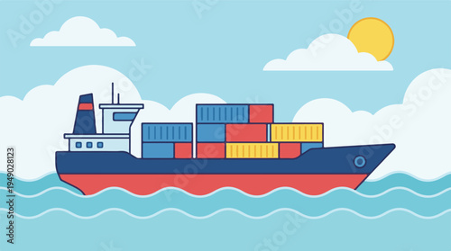 Cargo container ship sailing on the ocean under a sunny sky