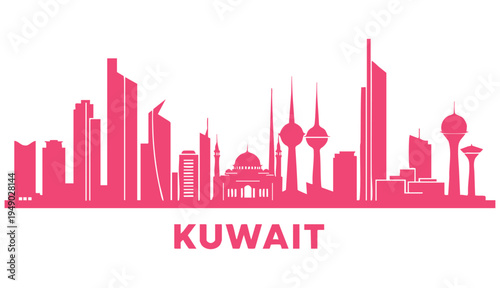 vector-style silhouette of the Kuwait City skyline set against a stark white background, featuring a horizontal arrangement of iconic buildings rendered in solid 