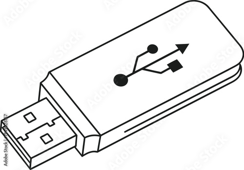A simple black and white line art illustration of a portable usb flash drive storage device icon