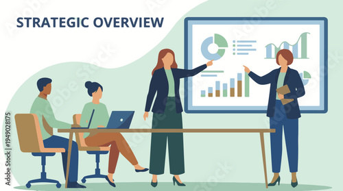 Business team presenting strategic overview with data visualization charts