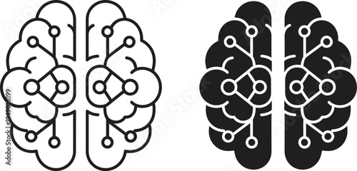 Two icons of a human brain with a digital circuit pattern representing artificial intelligence design