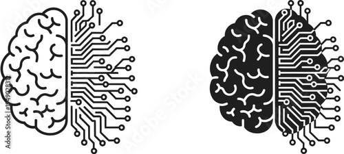 A conceptual illustration showing two brains split into organic and digital circuit board halves