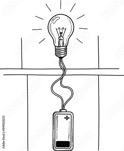 A hand drawn sketch illustration of a glowing light bulb connected to a battery power source