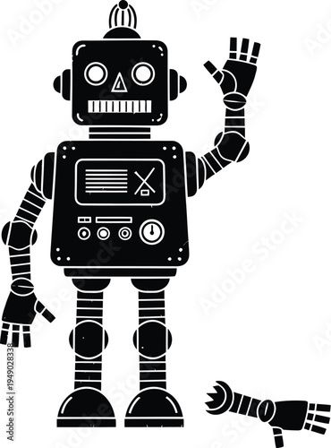 A black and white illustration of a friendly vintage robot waving with a detached arm on the floor