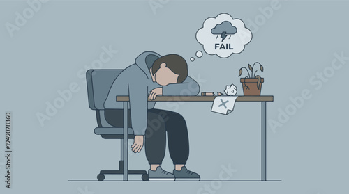Cartoon illustration of a person experiencing failure, burnout, and disappointment