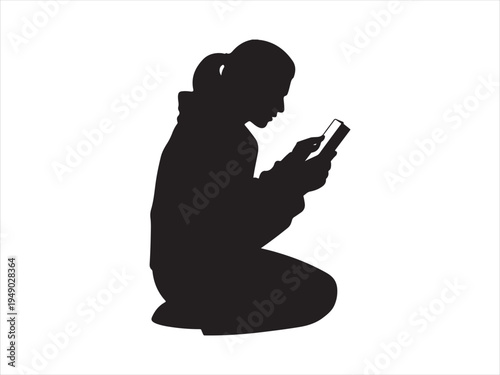 Man On Knees Using His Smartphone, Man On Knees Using His Smartphone Technology In Black And White Vector Style

