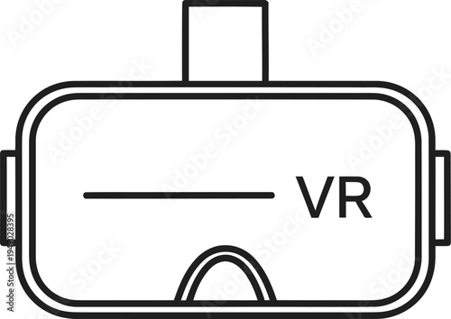 A black and white line art illustration of a virtual reality headset with the letters vr visible