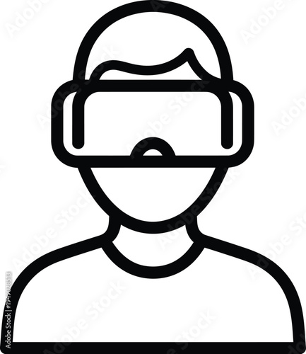 A black and white line art icon depicting a person wearing a virtual reality headset for gaming