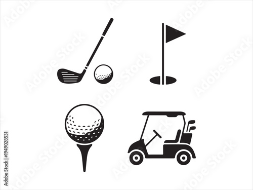Golf silhouettes vector set, golf cart and clubs icons, Golf Icons Set with Club Ball Flag and Cart, Sport Vector Illustration