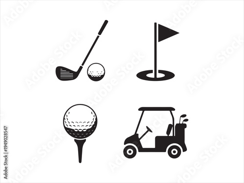 Golf silhouettes vector set, golf cart and clubs icons, Golf Icons Set with Club Ball Flag and Cart, Sport Vector Illustration
