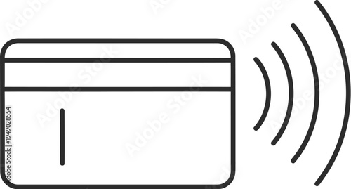 A black and white line art icon representing a contactless payment credit card with radio signal