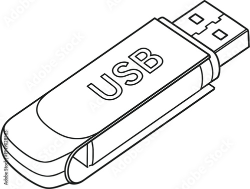 A simple black and white line art illustration of a portable usb flash drive storage device unit