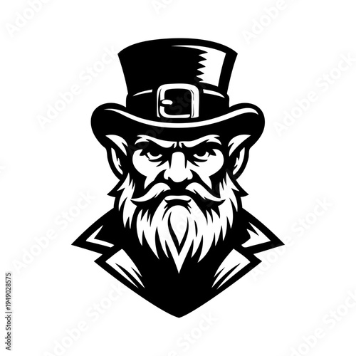 Logo con dibujo de cabeza de leprechaun enojado con sombrero y barba, para tarjetas y felicitaciones del Día de San Patricio