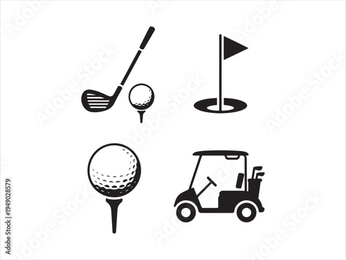 Golf silhouettes vector set, golf cart and clubs icons, Golf Icons Set with Club Ball Flag and Cart, Sport Vector Illustration