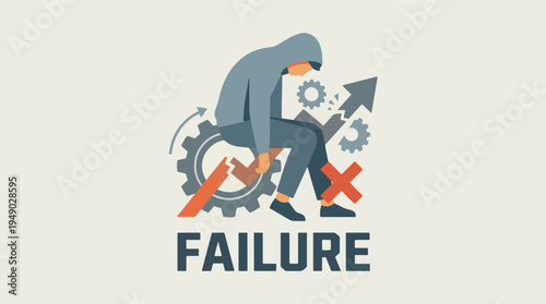 Failure concept with dejected person, broken progress, and stop symbol