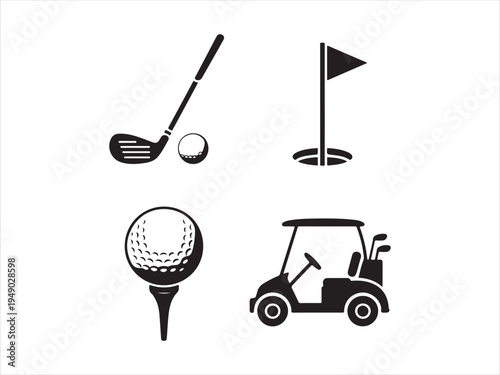 Golf silhouettes vector set, golf cart and clubs icons, Golf Icons Set with Club Ball Flag and Cart, Sport Vector Illustration