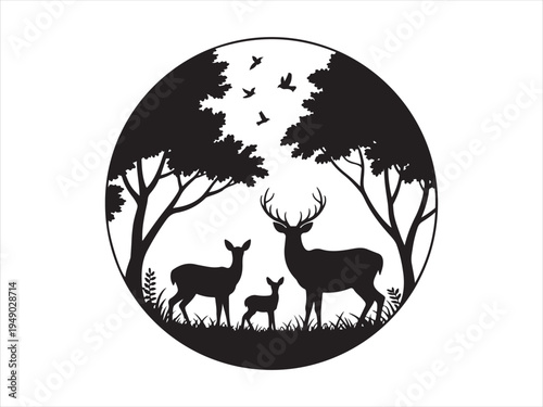 Deer family in forest circle fawn trees wildlife nature vector illustration