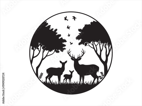 Deer family in forest circle fawn trees wildlife nature vector illustration