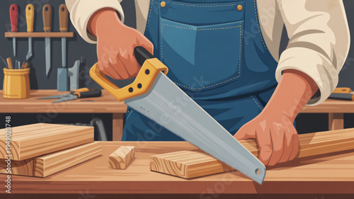 Person in blue overalls sawing wood with handsaw on workbench in workshop with tools