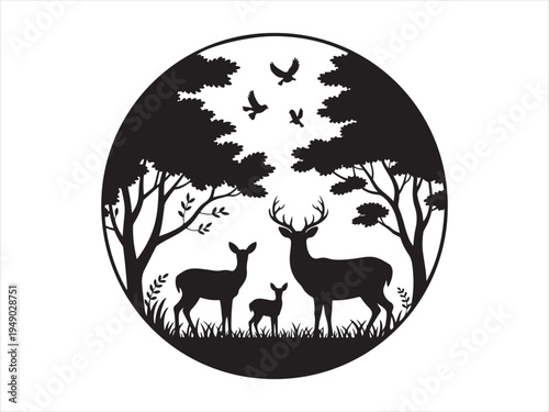 Deer family in forest circle fawn trees wildlife nature vector illustration