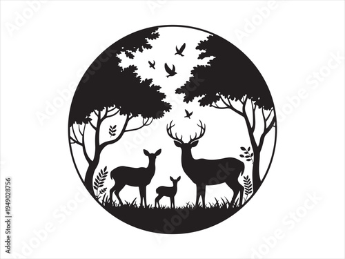 Deer family in forest circle fawn trees wildlife nature vector illustration