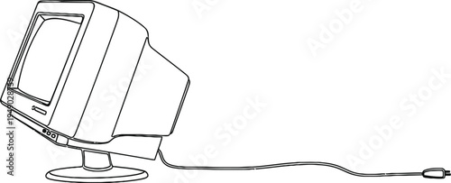 A minimalist black and white line art drawing of a vintage desktop computer monitor on a stand