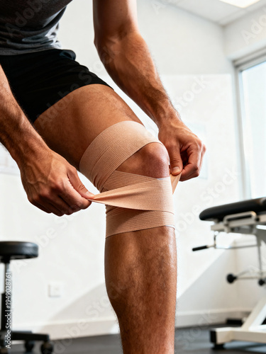 A man sits in a rehabilitation center, carefully wrapping a bandage around his injured knee. He focuses on securing the bandage for support, showing commitment to his recovery