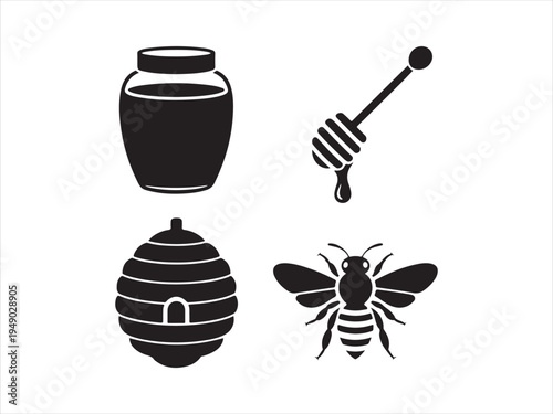 Black silhouette beekeeping and honey production icons set, bee hive, honey jar,dripping honeycombs