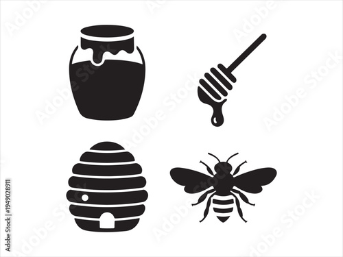Black silhouette beekeeping and honey production icons set, bee hive, honey jar,dripping honeycombs