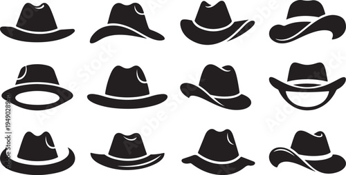 Collection of various cowboy hats in black silhouette style