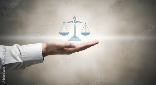 Hand holding scales of justice in palm  law and fairness concept