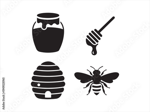 Black silhouette beekeeping and honey production icons set, bee hive, honey jar,dripping honeycombs